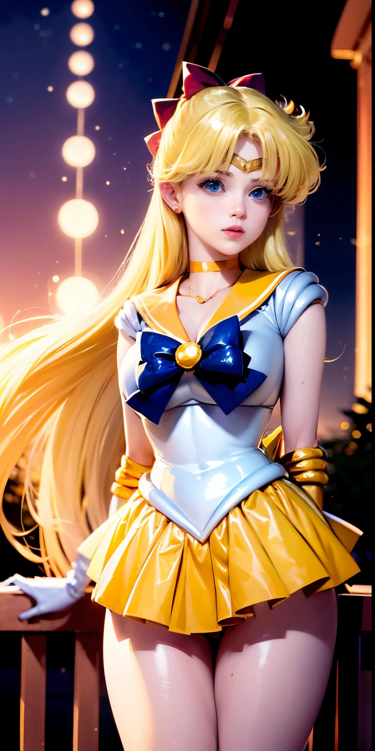 ((​masterpiece:1.4)、(top-quality:1.4)、(reallistic:1.7))、masuter piece:1.4、a beauty girl、(Sailor Moon:1.4)、Tsukino Usagi、Body Fit Sexy Sailor Senshi Uniform、(latex shiny)、(The jacket is a white sleeveless sailor suit)、(Skirt is blue sexy ultra ultra mini skirt)、Poolside in summer、A sexy、Sexy Ponytail、The collar of the sailor suit is blue with two thin lines.、high leg swimsuit、Red cloth ornament at chest、(Wearing white gloves)、Kawaii Girl、Super beauty、foco nítido、Poolside in summer、sunflowers in the background、It's wet、I feel it、A sexy、Beautiful panties、beautiful smiling face、Portrait photos、Upper body photography:1.4、Beautiful expression、beautidful eyes、Narrow waist、(Yellow hair:1.4)、(length hair:1.2)、Raw photo、red-lips、Red high heels:1.4、a choker:1.4、a necklace:1.4、耳Nipple Ring:1.4、Luxurious golden tiara on forehead:1.4、1 screen display、Outdoor landscape