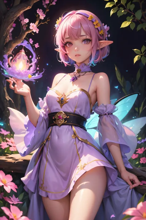 "(best quality,highres,masterpiece:1.2),fairy wizardess with elf ears,soft pink,fairytale atmosphere,short hair with flowers,enc...