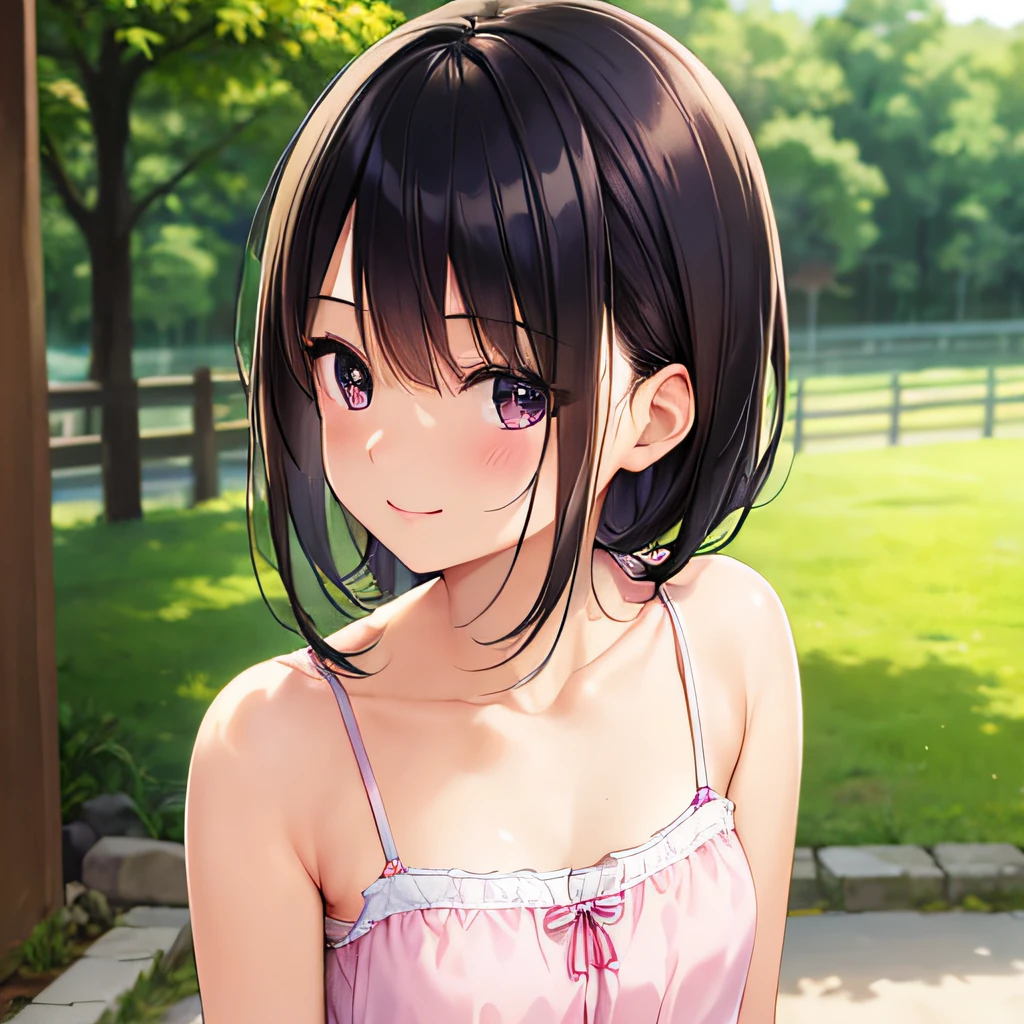 photographrealistic, (masutepiece,Best Quality:1.4),(8K,Raw photo,photographrealistic:1.2), Detailed skin,Detailed face,1girl in,Japanese Idol,Cute face, Black hair,Small breasts, slender, shiny eyes, Smile, BREAK (Side view:0.6), Cute camisole, pastel color