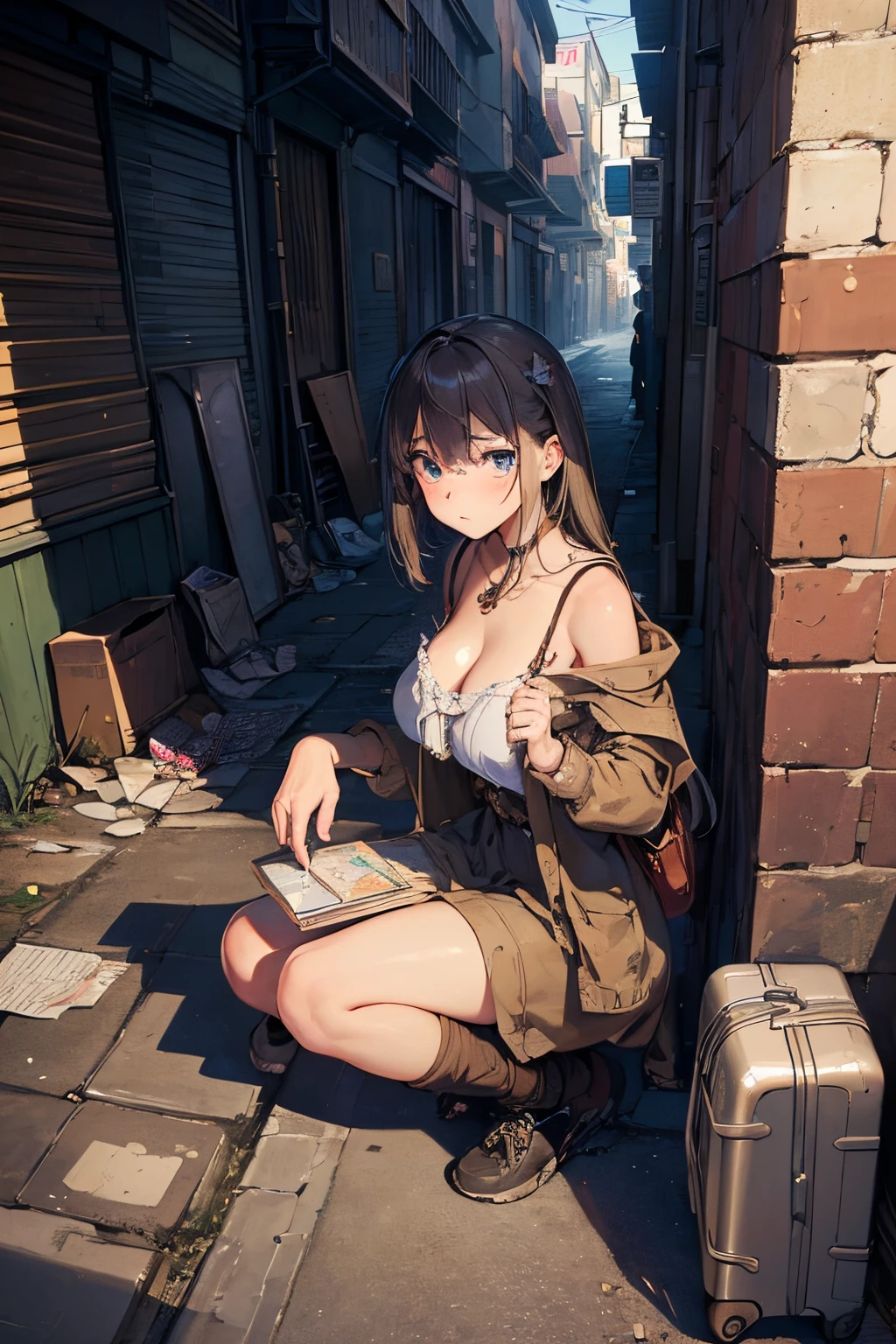 Anime girl sitting on the ground with a suitcase and a book - SeaArt AI