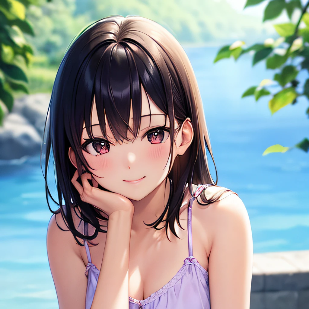 photographrealistic, (masutepiece,Best Quality:1.4),(8K,Raw photo,photographrealistic:1.2), Detailed skin,Detailed face,1girl in,Japanese Idol,Cute face, Black hair,Small breasts, slender, shiny eyes, Smile, BREAK (Side view:0.6), Cute camisole, pastel color