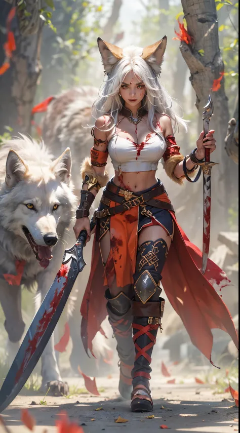 Shockingly Beautiful exotic tanned female kitsune barbarian walking toward the camera, slim fit slender toned lean, very muscula...