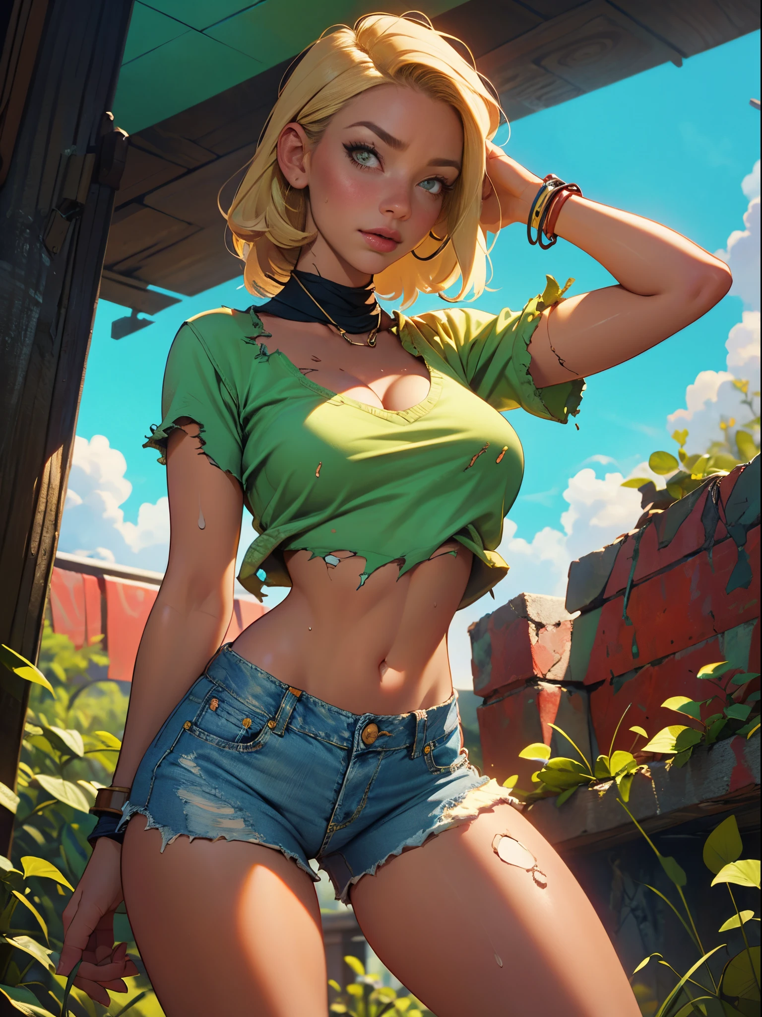 2076 year. The Urban Ruins of the Wasteland, Female huntress picking fruit in the garden, beautiful face, blonde, badly torn shirt and denim shorts ,  long legs, sweating through, sun rising, Nice warm colors, head to toe, full body shot, pretty hands, perfect fingers,