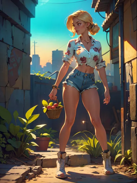 2076 year. the urban ruins of the wasteland, female huntress picking fruit in the garden, beautiful face, blonde, badly torn shi...