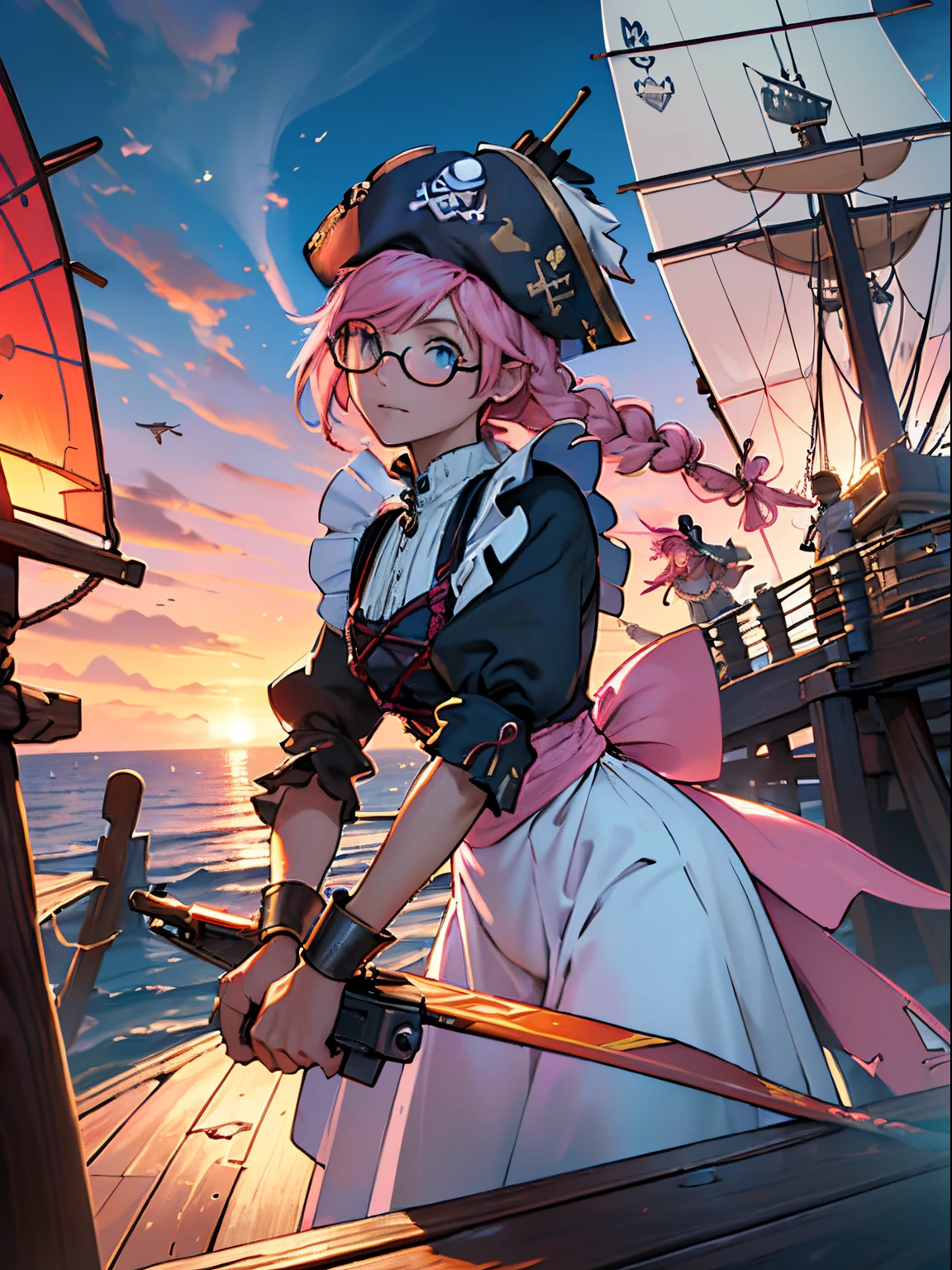 (On a table, Best quality, 8K:1.37), offcial art, (s fractal art:1.3), Alone, ((the maid outfit, Arm cuffs, art deco hat, with pink hair, eBlue eyes, Round glasses, double braid, Dozico,Gun:1.4)) ,super dangerous girl, ((Gun:1.2)), JRPG character art,Extreme closeup, lolita  , Aiming pose, Curvy little loli, Meticulous clothes, Front view, Character focus, in heaven, cloud, the sunset, Colorful, cinematic ligh《Lamp》, Web portals, divinelight, Gold particles, llight rays,((Detailed broken pirate ship background、Wooden deck、The large、mast、Boat railings、ropes、Windsurfing、:1.2))，fully body photo