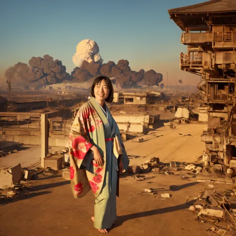 a beautiful japanese woman, (torn kimono) standing on a bridge, she is wearing a silk green kimono she is laughing, the sky is b...