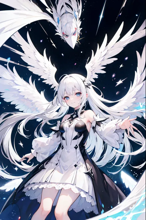 white hair woman, wings of heaven, Heterochromia, The Flash, smiling, look up to, Black and white dress, cosmic background, Raise your arms up, high resolusion, ultra-sharp, 8K, ​masterpiece