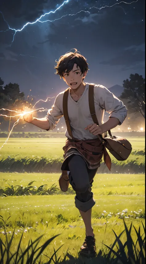 masterpiece, 1man, a villager, a portrait of fool, runs around the field, holding a cloth purse, a lightning charge, old village (night field background :1.5)