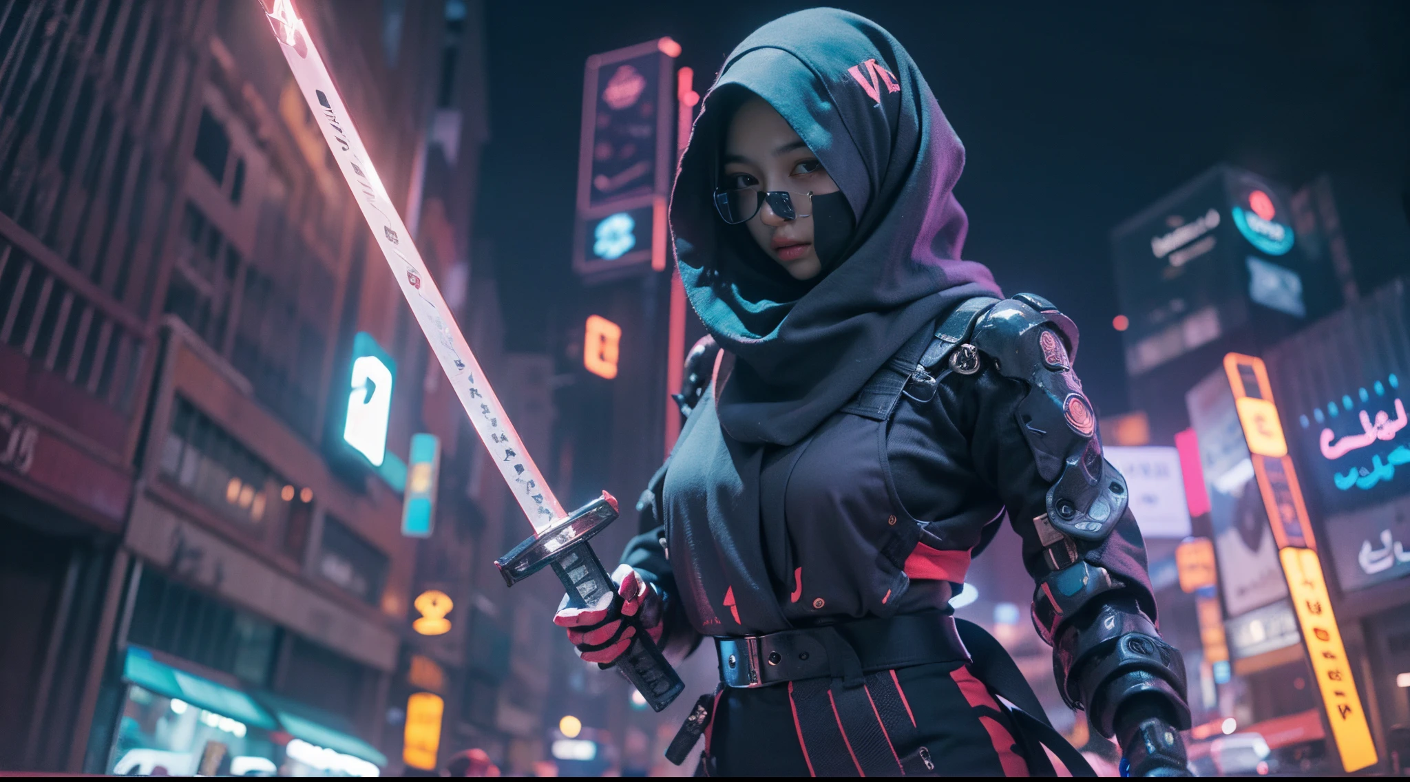 a malay teenage girl in hijab and mecha suit in action pose wielding a katana with arabic neon city background, serious face, nighttime, fisheye lens, establishing shot, pastel color grading, depth of field cinematography effect, film noir genre, 8k resolution, high quality, ultra detail