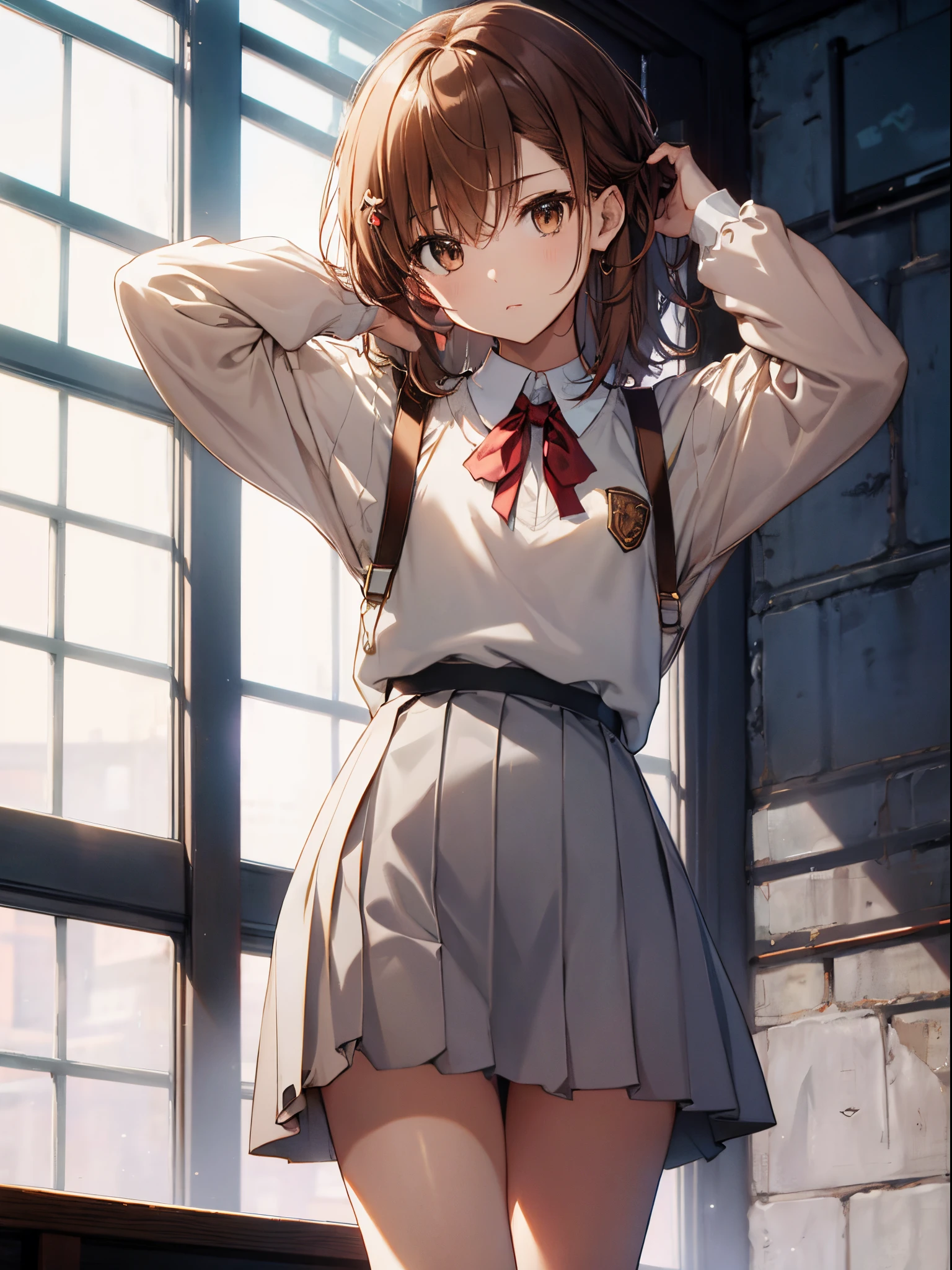 NSFW ４ｋqulity, top-quality, Misaka_mikoto, Brown-eyed, Short_hair, Ultra-small_Breast,）a park、Standing　　１６age　sexypose　Bewitching、、(校服:1.4)、校服、White shirt、Neck ribbon、Light Brown Sleeveless Cardigan、grey miniskirt、Cowboy Shot、front-facing view、The absolute standard is the center of the navel..、