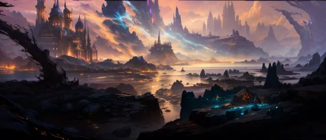 there is a painting of a city on a rocky beach, fantasyconcept art, final fantasy vll world concept, detailed fantasy digital art, fantasy cityscape, high quality digital concept art, concept art stunning atmosphere, highly detailed fantasy art, high fanta...