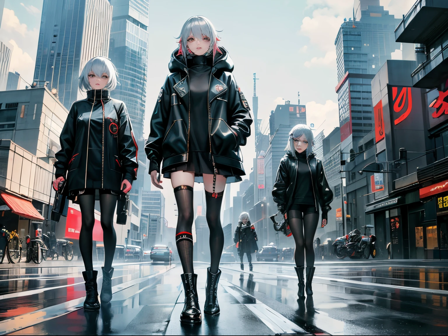 cyberpunked、girl with２a person、mechanic、comical、Anime style、white  hair、motor bikes、leather jackets、punk coloring、sity、nightcity、Street、doodle、parka、Mature、Tall Woman、Military、long boots