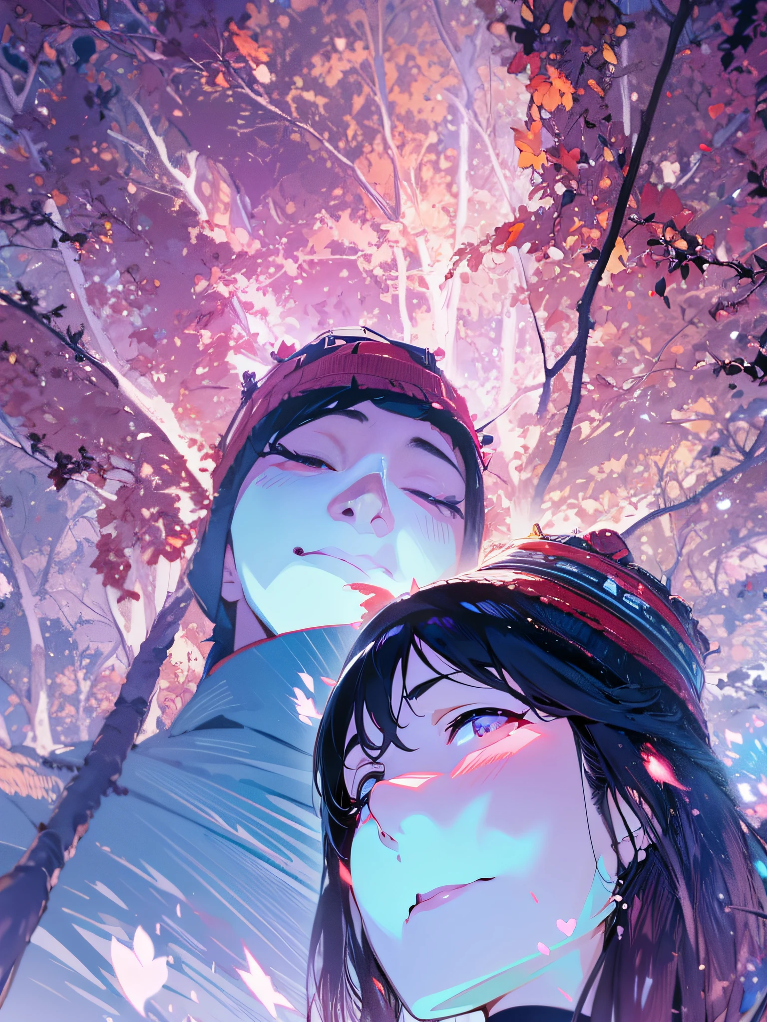 Anime couple in the woods with trees and leaves - SeaArt AI