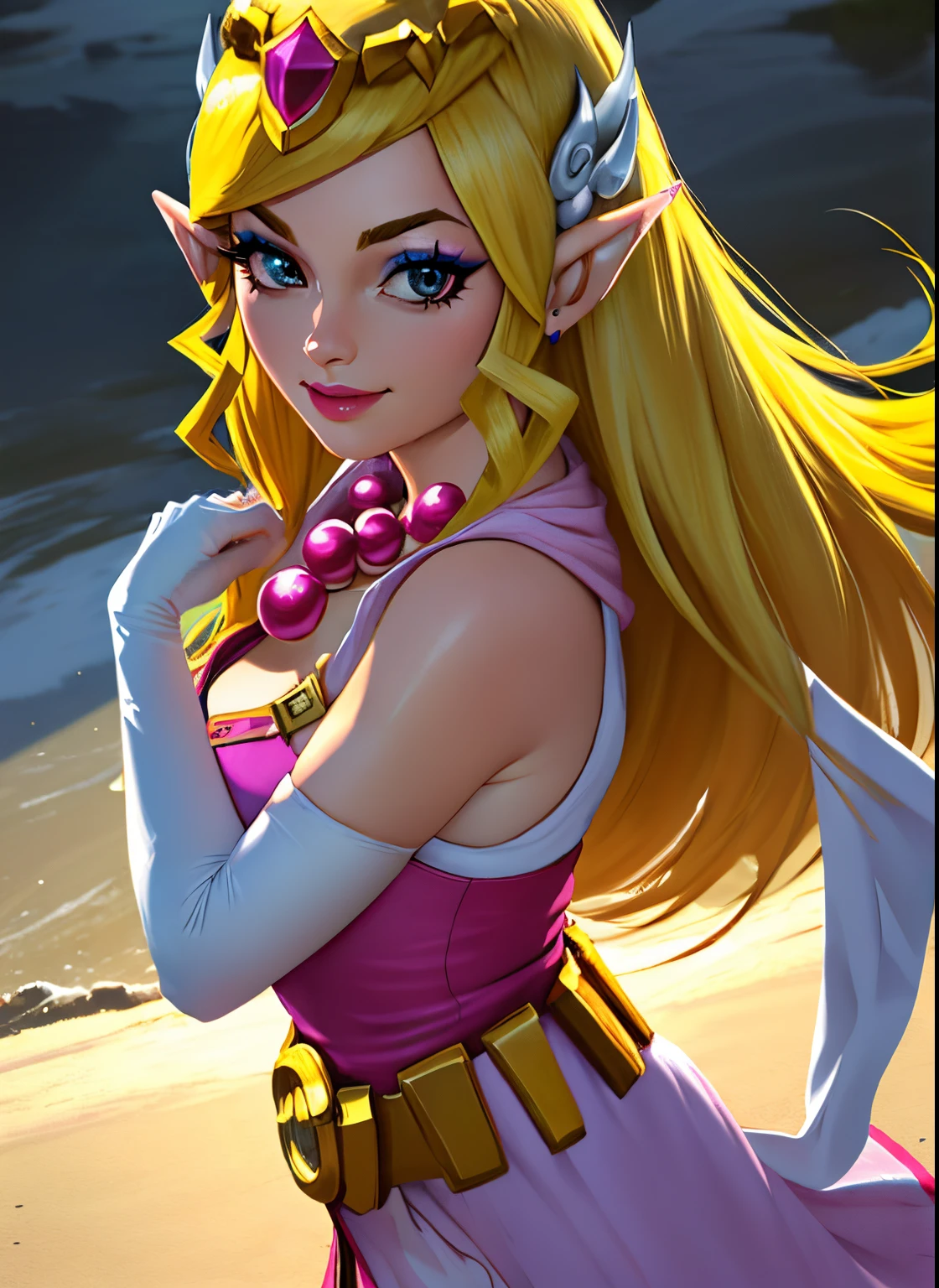 (best quality,4k,8k,highres,masterpiece:1.2),ultra-detailed,(realistic,photorealistic,photo-realistic:1.37),toon zelda,1girl,solo,long hair,beautiful detailed eyes,beautiful detailed lips,smile,blonde hair,gloves,dress,jewelry,pointy ears,elbow gloves,detailed belt,necklace,black eyes,makeup,tiara,eyeshadow,pulling up elbow glove to arm,toon style, vibrant colors,playful lighting.