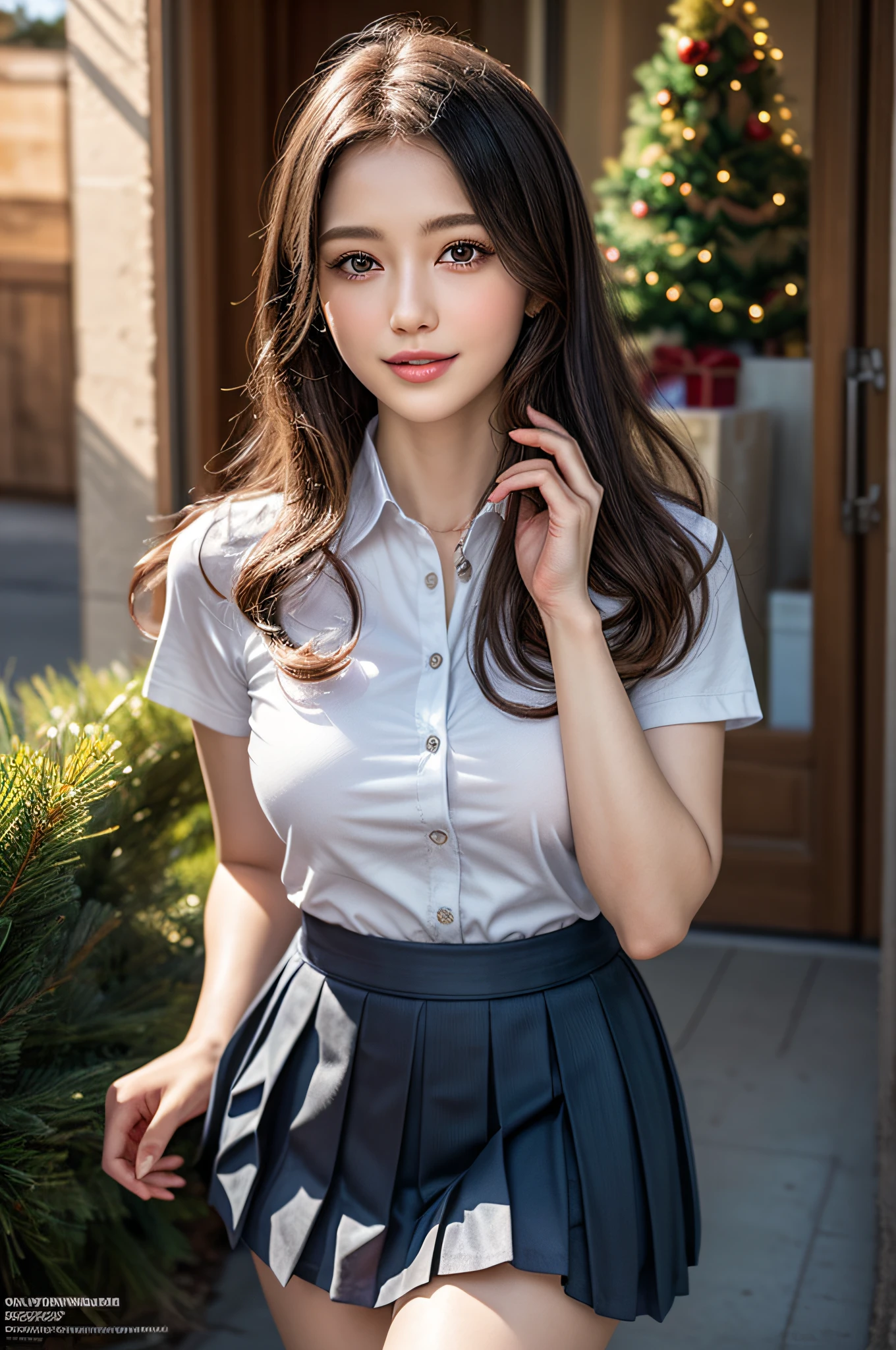 (1 cute girls), Extremely cute, Amazing face and eyes, (Beautiful lovely smile), (extremely detailed beautiful face), bright and shiny lips, (School uniform, Pleated skirt:1.3), (Best Quality:1.4), (hyper quality), (Ultra-detailed), (Hyper-realistic, Photorealsitic:1.37), Authentic skin texture, intricate-detail, extremely detailed CG unified 8k wallpaper, RAW Photos, professional photograpy, Cinematic lighting, Exposing, Christmas tree, Christmas Ornaments, Christmas Decorations, Christmas Lights, christmas lights,