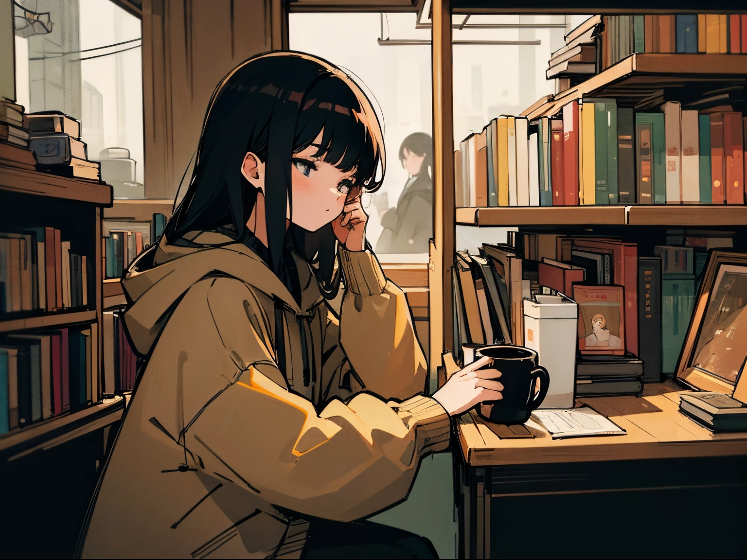 20 year old dark-haired woman, Clothes that look warm、Calm、Gentle light、black backgrounds、Coffee、head shot、Lo-Fi Illustration、a relaxing sight、Woman in hoodie、looks sleepy、bookshops