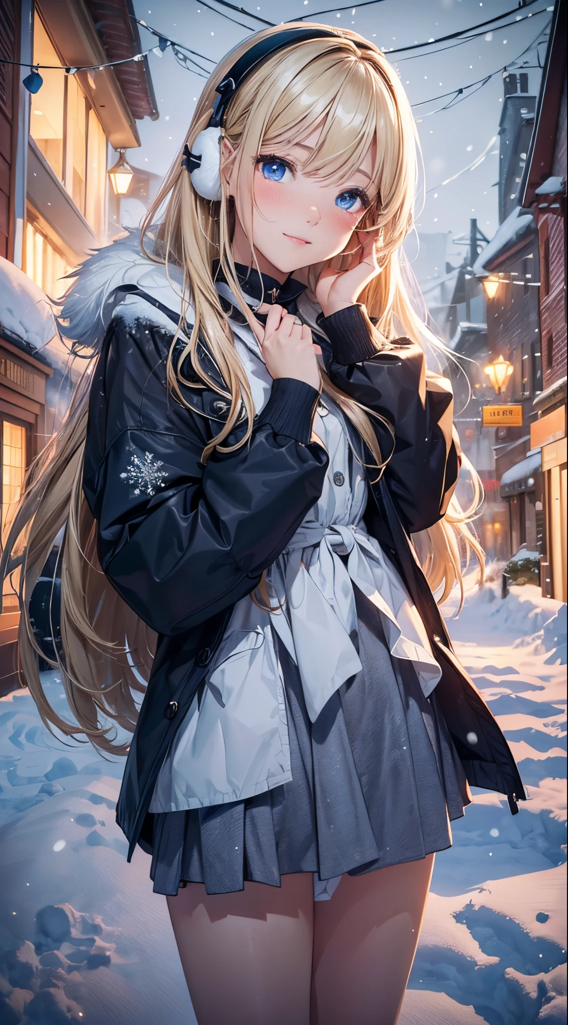 (​masterpiece),(top-quality:1.2),1girl in,(masuter piece:1.3),exquisitedetails, Highest quality 8K resolution, Ultra-detailed, Realistic, Vibrant colors, Soft tones, With warm and gentle lighting, (snowy night:1.5),(Snowy city:1.4),sexy wide skirt,Sexy style,Dynamic angles, Sexy hats、sexy earmuffs、Sexy coat,starry sky and shooting stars,Crying and laughter,(Smooth straight blonde hair:1.2),(Hair parted in the middle:1.3),(Glowing hair),(Dark blue eyes:1.3),White skin, hair clips,Small necklace,A gentle feeling overflows,joy and pure love, warm glow,happiness and laughter,Vibrant colors,inspiring style,depth of love,color palettes,dreamy ambiance,masterpiece artwork