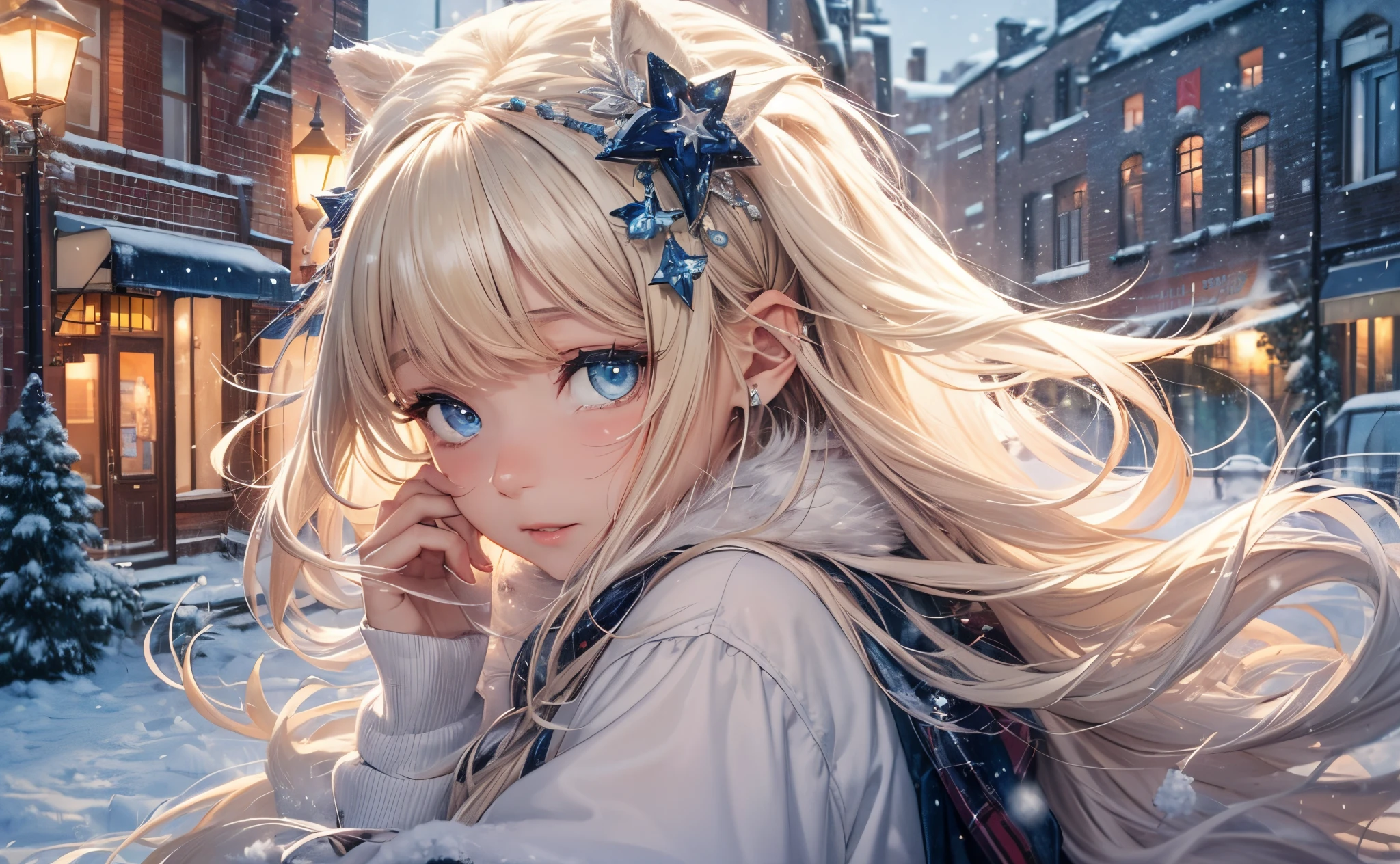 (​masterpiece),(top-quality:1.2),1girl in,(masuter piece:1.3),exquisitedetails, Highest quality 8K resolution, Ultra-detailed, Realistic, Vibrant colors, Soft tones, With warm and gentle lighting, (snowy night:1.5),(Snowy city:1.4),sexy wide skirt,Sexy style,Dynamic angles, Sexy hats、sexy earmuffs、Sexy coat,starry sky and shooting stars,Crying and laughter,(Smooth straight blonde hair:1.2),(Hair parted in the middle:1.3),(Glowing hair),(Dark blue eyes:1.3),White skin, hair clips,Small necklace,A gentle feeling overflows,joy and pure love, warm glow,happiness and laughter,Vibrant colors,inspiring style,depth of love,color palettes,dreamy ambiance,masterpiece artwork