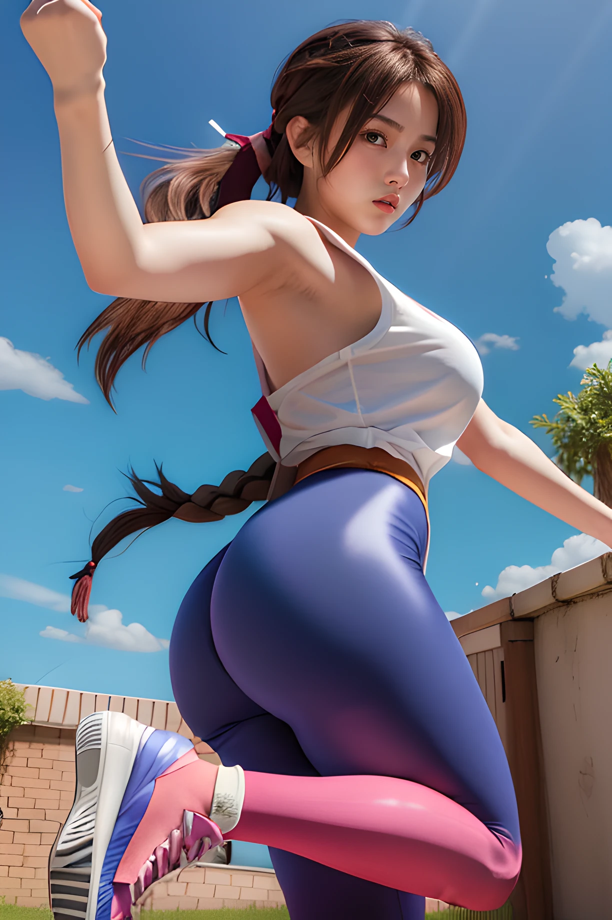 (masterpiece, best quality, high resolution, unity 8k wallpaper, extremely detailed CG:1), (illustration:1.0), big breast, big butt, curvy, 1girl,solo, yurims, headband, dougi, spandex, gloves, sneakers