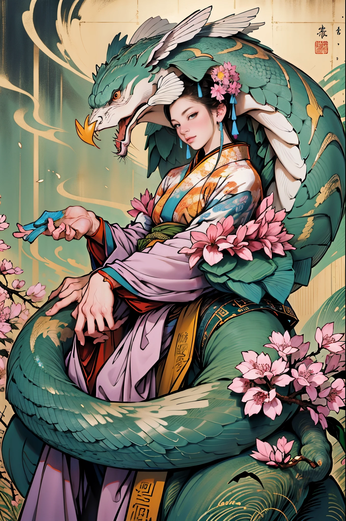 Depicts the ancient goddess of creation，Nuwa is the creation goddess in Chinese mythology（snake tail：1.6，）。This is a great goddess image handed down from the matrilineal clan period in primitive society..。Deep background，Huang Li，marvelous and unbelievable，Epic work，(Complicated details，hyper-detailing:1.2)，ultra real photo, Epic reality, ((com cores neutras)),(pastel colour:1.2), hyper realisitc, + Cinema lenses + dynamic combination, The content is very detailed, Sharpen, Cinematic, illuminate warmly, Light effect, Dramatic light, (Complicated details:1.1), the complex background, (greg rutkovsky:0.8),fully body photo，Fly in the sky，big goddess avatar，Chinese mythology， ((five perfect and beautiful fingers)), (Anatomically correct limbs and physique:1.5),