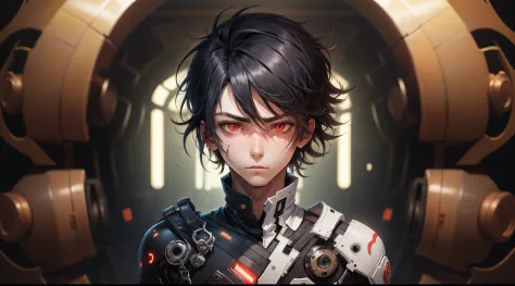 hight resolution,Anime boy with black hair and red eyes staring at camera, Glowing red eyes,slim, dressed in a black outfit,Shadow Body,de pele branca,monochromes,hair messy,Straight face,Diagonal angle