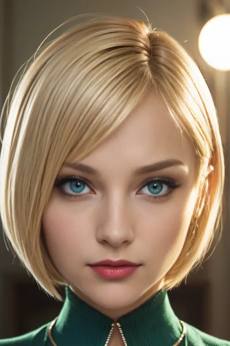 close up, beautiful woman, detailed face, blonde bob cut hair, symmetric, piercing green eyes, red lipstick
