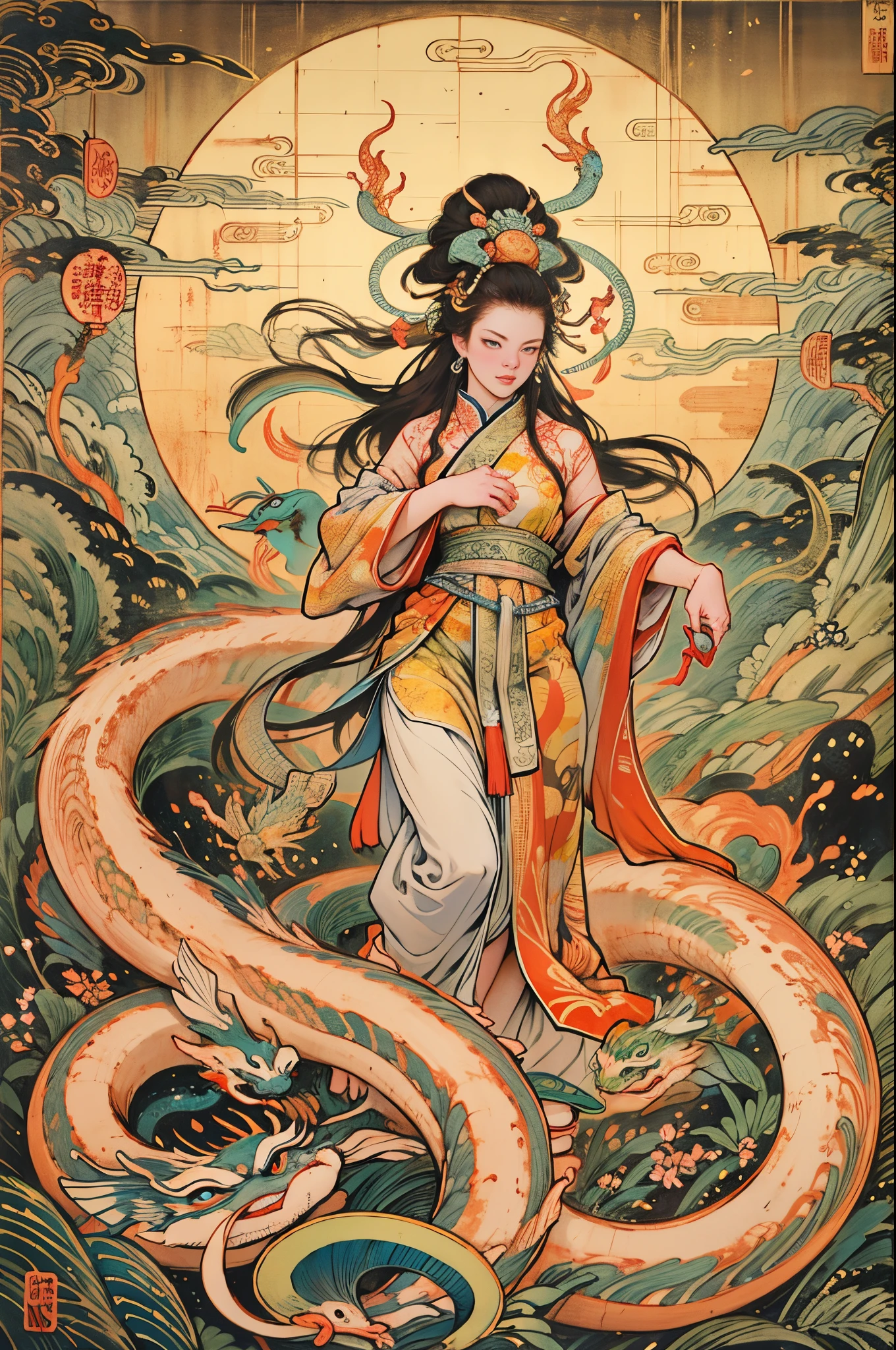 Depicts the ancient goddess of creation，Nuwa is the goddess with human body and snake tail（snake tail：1.6）（Chinese mythology）。This is a great goddess image handed down from the matrilineal clan period in primitive society.。Deep background，hoang lap，marvelous and unbelievable，Epic work，(Complicated details，hyper-detailing:1.2)，ultra real photo, Epic reality, ((com cores neutras)),(pastel colour:1.2), hyper realisitc, + Cinema lenses + dynamic compositions, The is very detailed, Sharpen, Cinematic, warmly lit, Light effect, Dramatic light, (Complicated details:1.1), the complex background, (greg rutkovsky:0.8),Full body photo，Fly in the sky，Chinese mythology，