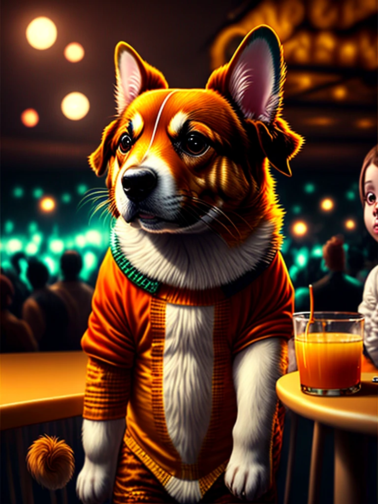 Caramel dog dressed as a crocodile in a nightclub with the squirrel cat  with ora - SeaArt AI