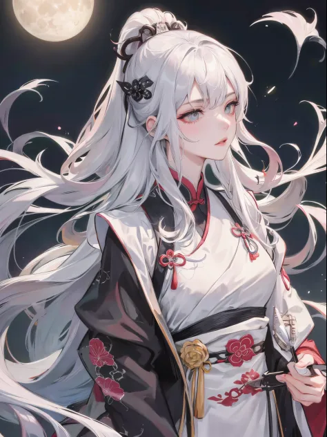 tmasterpiece, Best quality at best, the night, moon full, 1 girl, Mature woman, Chinese, Ancient China, Sister, Imperial sister, indifferent expression, face expressionless, Silver white long haired woman, light pink lips, dispassionate, intelligentsia, tr...
