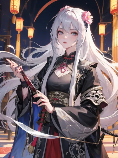 tmasterpiece, Best quality at best, the night, moon full, 1 girl, Mature woman, Chinese, Ancient China, Sister, Imperial sister, indifferent expression, face expressionless, Silver white long haired woman, light pink lips, dispassionate, intelligentsia, tr...