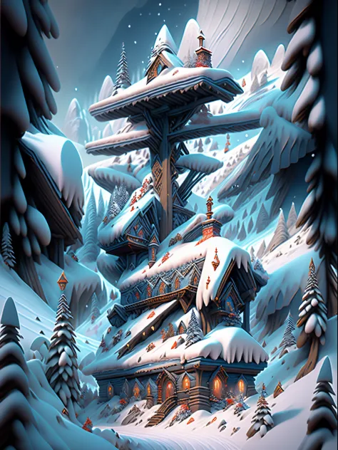 （Huge snowy mountains），（Blizzarding），Fantasyart，Surreal，,the ultra-detailed,