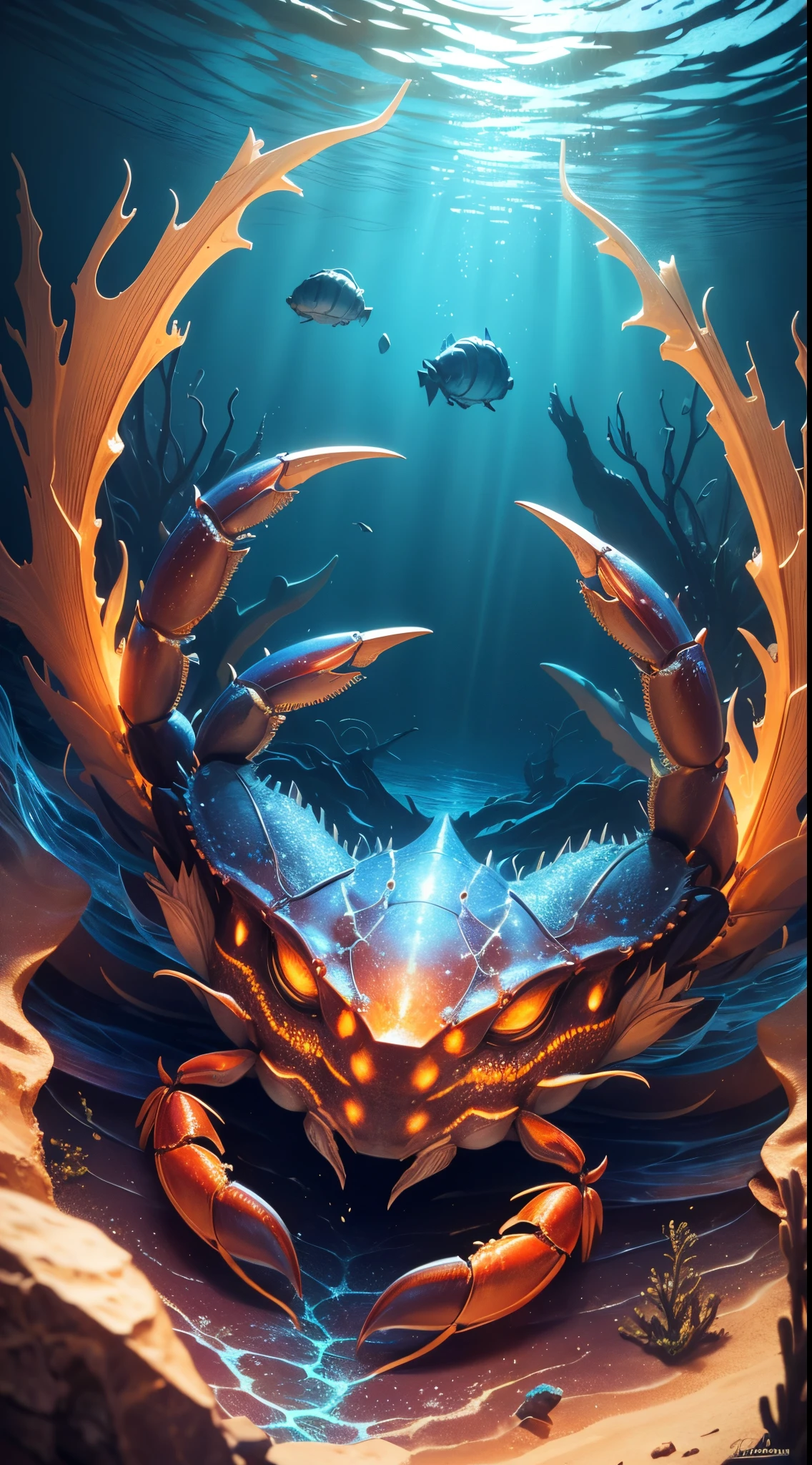 “crab,zodiac symbol,sea background,Atlantis,illustration,realistic:1.37,(best quality,4k,8k,highres,masterpiece:1.2),vivid colors,underwater lighting"