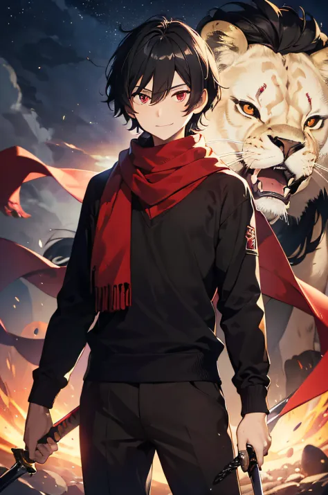 ((masterpiece,bestquality)),A 17 year old young man stood in front of a lion., Black Hair, Tangle short hair, Red Eyes, Black do...