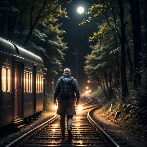 Realistic image of old man with a backpack and traveler's outfit, carrying a flashlight, walking along a train track in the midd...