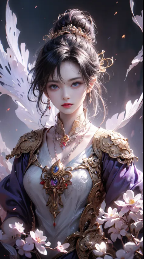 1 Beauty in Hanfu, ((The white thin purple silk shirt is very textured)), white lace top, Purple platinum long ponytail, jewely,...