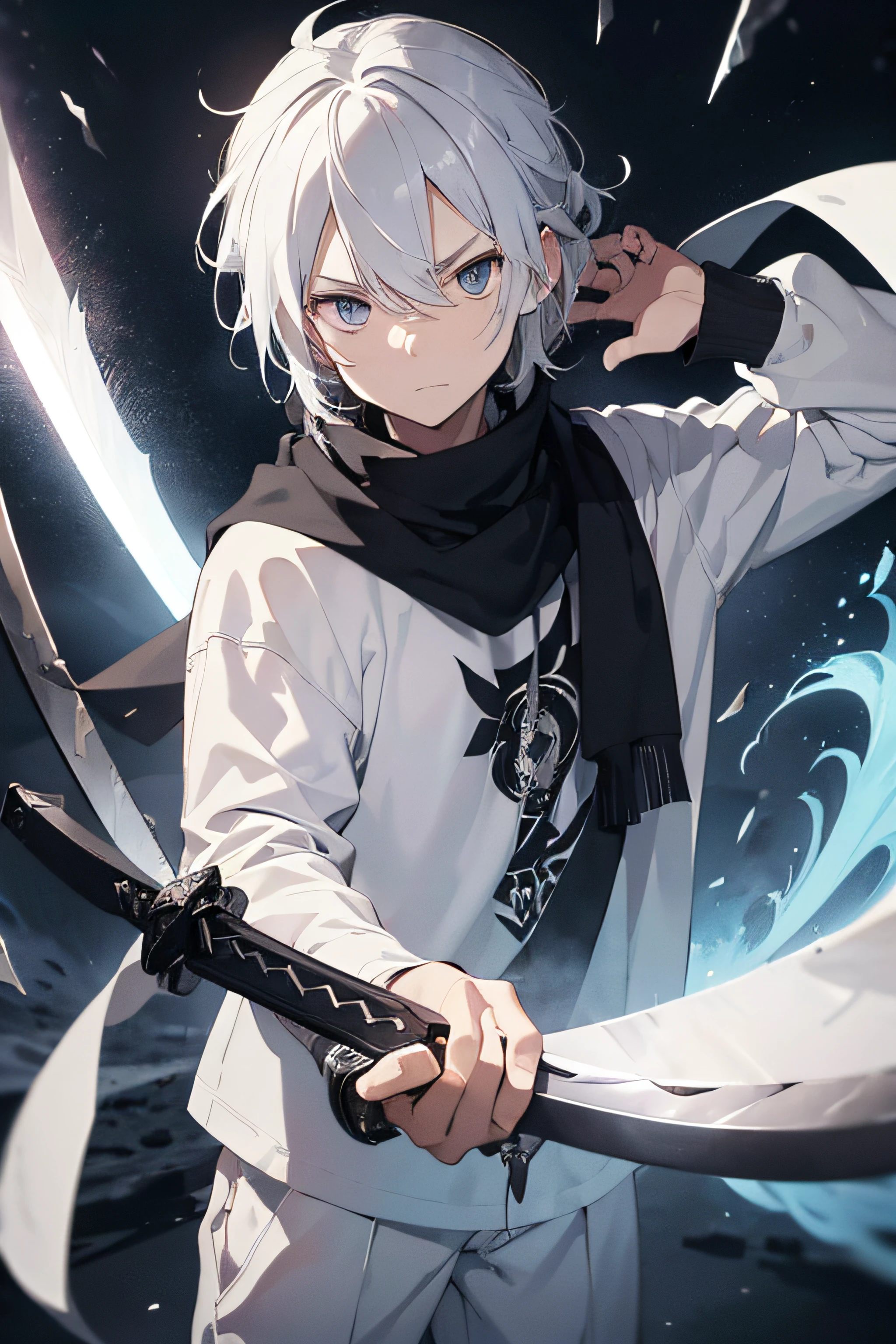 ((masterpiece,bestquality)),A 17 year old young man with white hair., long, Messy hair was tied back., timid, Black doomsday style long sleeve shirt., bandana, and white trousers. Looks tired and lazy, Cold Page, Relaxed expression. white effect ((The weapon is a large sword.. The blade had a dark black aura..))