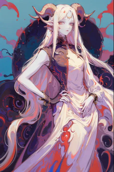 Designed by nty, A woman is, (Albino demon girl standing, long and complex horns:1.2, colorful clothes), Complicated details, coloured background, Abstract