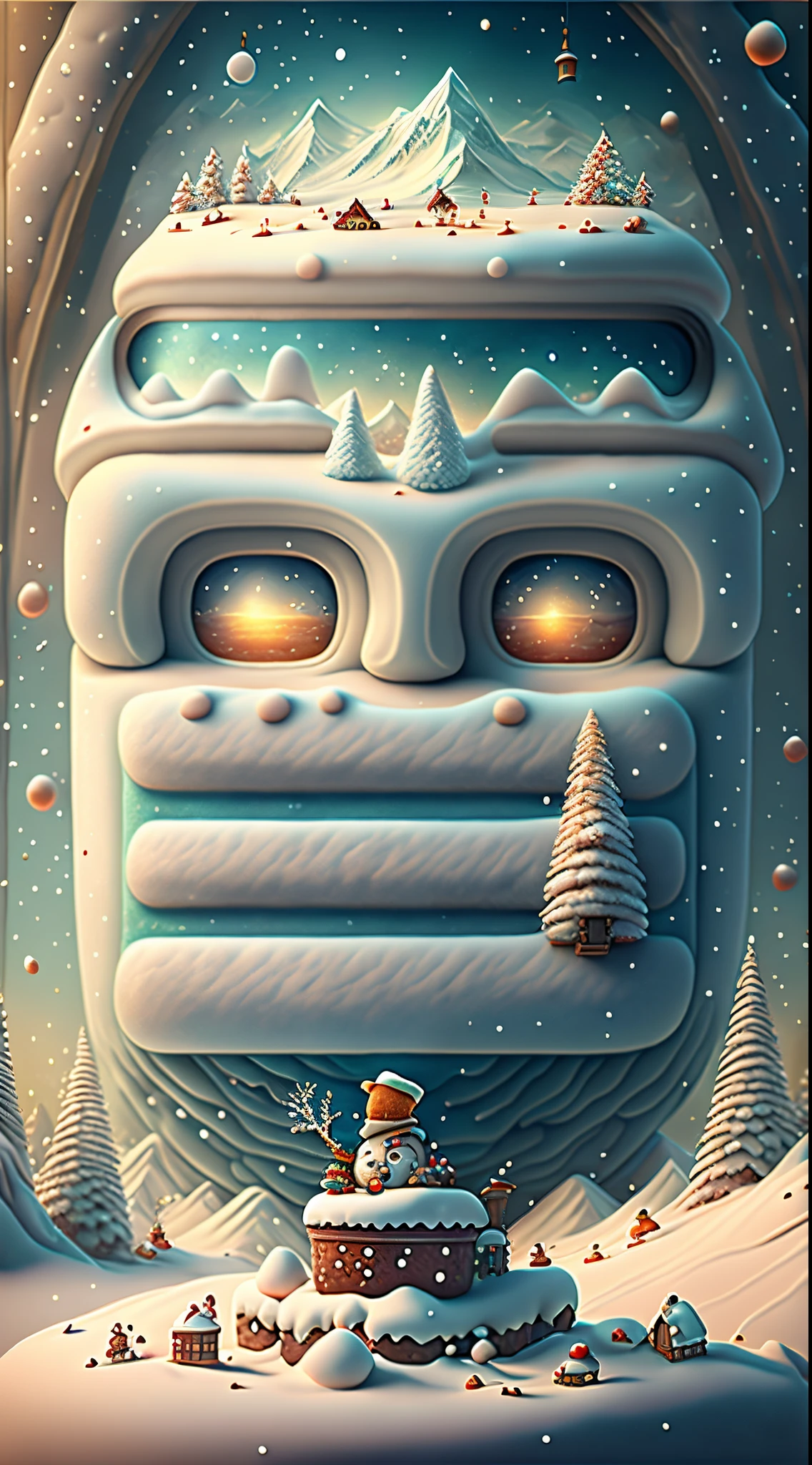 （Creative holiday poster design），（Huge snowy mountains），（Cute Snowman：0.8），pixar-style，Fantasyart，Surreal，,the ultra-detailed,