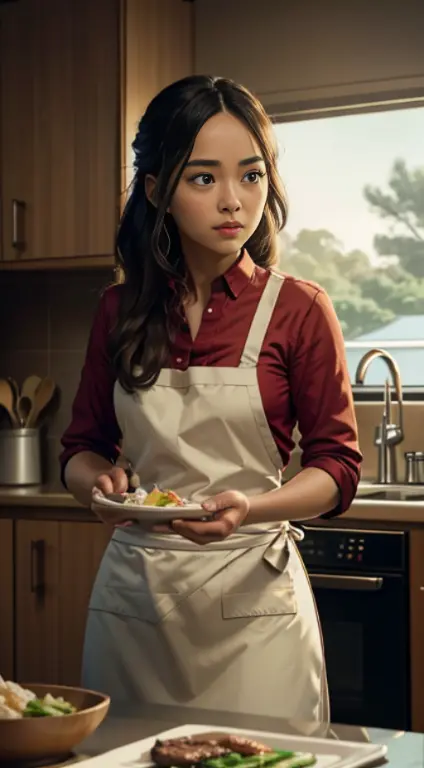 beautiful indonesian woman standing in a resto kitchen preparing food on a counter, promo still, promotional still, morning gold...