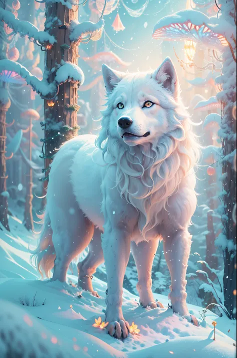 (Best quality at best, 8K, A high resolution, tmasterpiece:1.2), ultra - detailed, (actual, realistically, realistically:1.37), Vibrant colors, magical ambiance, Whimsical, ((1 cute arctic white wolf, Roll and play in the extremely beautiful snow，It's snow...