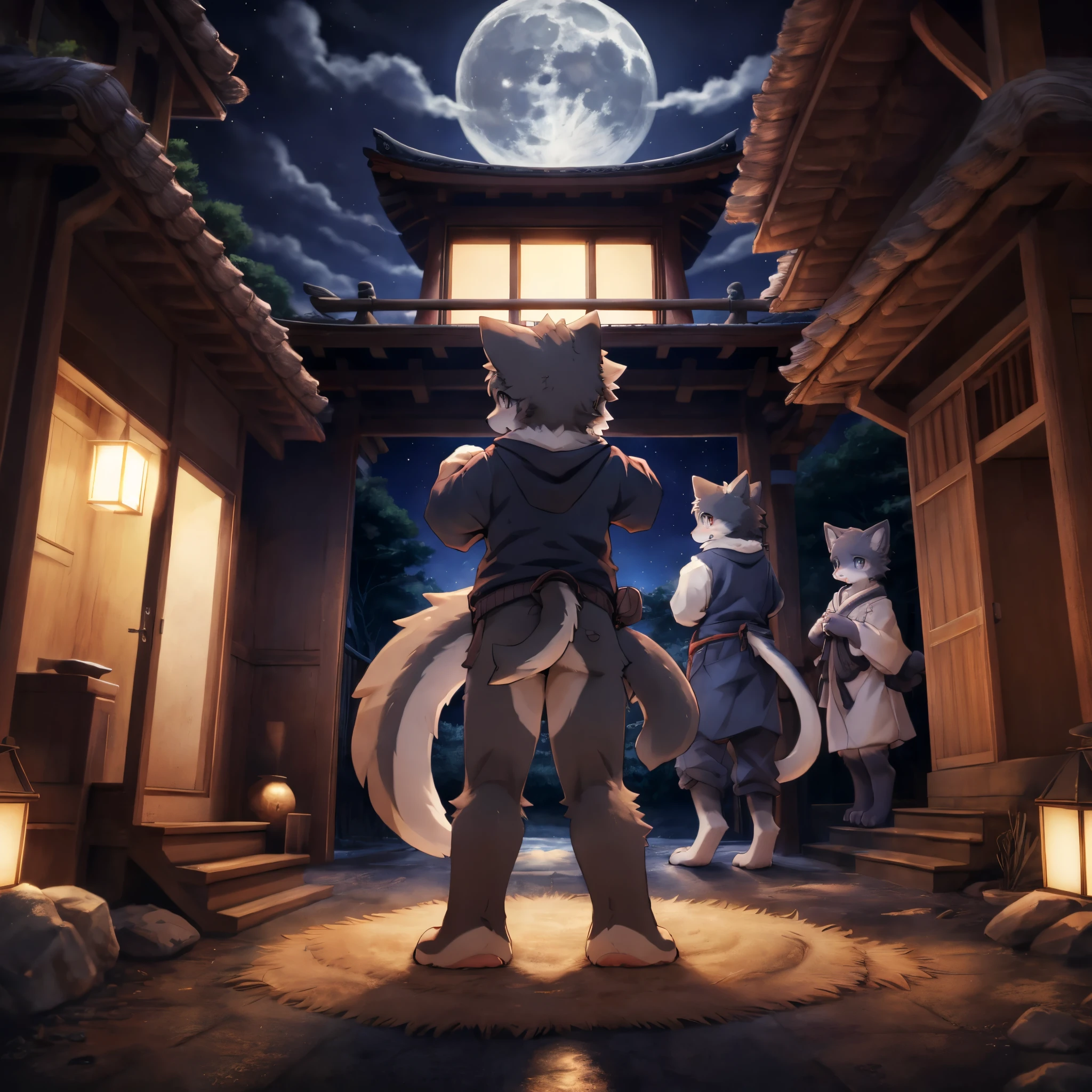 top quality, best quality, High-quality illustrations, masterpiece, super high resolution, detailed background, night, japanese house, swaying curtains, moonlight from windows, footprints on the floor, enigmatic presence, 6+boys, 6+girls, absurdres(highly detailed beautiful face and eyes)perfect anatomy, expression, good lighting, cinematic shadow(kemono, furry anthro)assorted poses, dynamic angle,