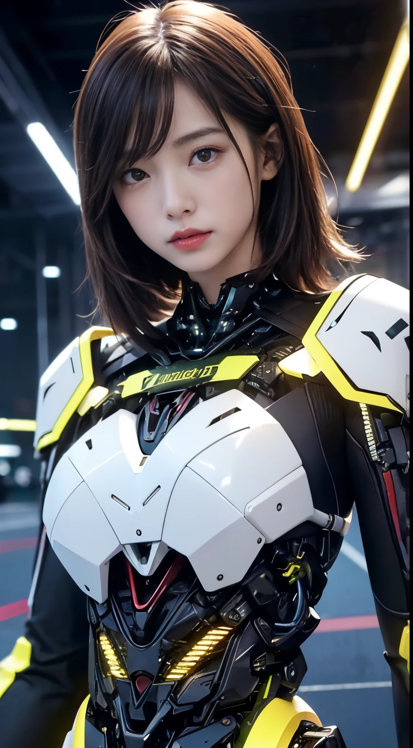 (1 Mechanical Girl)、top-quality、​masterpiece、超A high resolution、(Photorealsitic:1.4)、Raw photo、女の子1人、Golden hair、glowy skin、(((1 Mechanical Girl)))、（LED Lamp Mechanical Helmet）、(Small LED)、((super realistic details))、portlate、globalillumination、Shadow、octan render、8K、ultrasharp、Colossal tits、Raw skin is exposed in cleavage、metals、Details of complex ornaments、Japan details、highly intricate detail、Realistic light、CGSoation Trends、Red Eyes、radiant eyes、Facing the camera、neon details、(Mechanical limbs)、(blood vessels connected to tubes)、Mechanical vertebrae attached to the back、mechanical cervical attaching to neck、(Wires and cables connecting to the head)、Gundam、Small LED、,Mechanical thighs、Toostock、