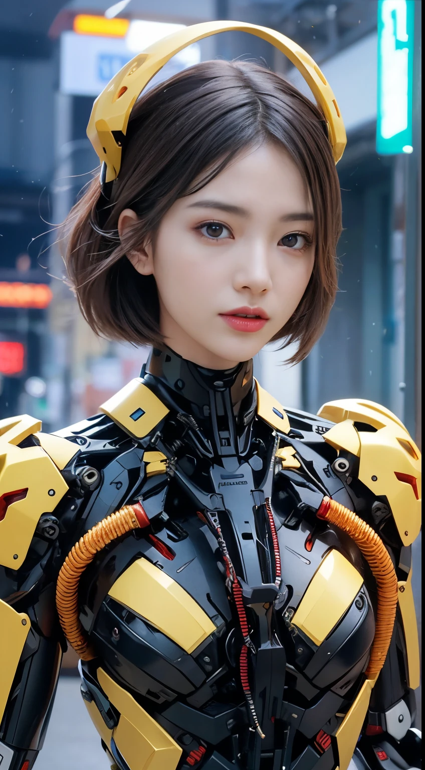 (1 Mechanical Girl)、top-quality、​masterpiece、超A high resolution、(Photorealsitic:1.4)、Raw photo、女の子1人、Golden hair、glowy skin、(((1 Mechanical Girl)))、（LED Lamp Mechanical Helmet）、(Small LED)、((super realistic details))、portlate、globalillumination、Shadow、octan render、8K、ultrasharp、Colossal tits、Raw skin is exposed in cleavage、metals、Details of complex ornaments、Japan details、highly intricate detail、Realistic light、CGSoation Trends、Red Eyes、radiant eyes、Facing the camera、neon details、(Mechanical limbs)、(blood vessels connected to tubes)、Mechanical vertebrae attached to the back、mechanical cervical attaching to neck、(Wires and cables connecting to the head)、Gundam、Small LED、,Mechanical thighs、Toostock、