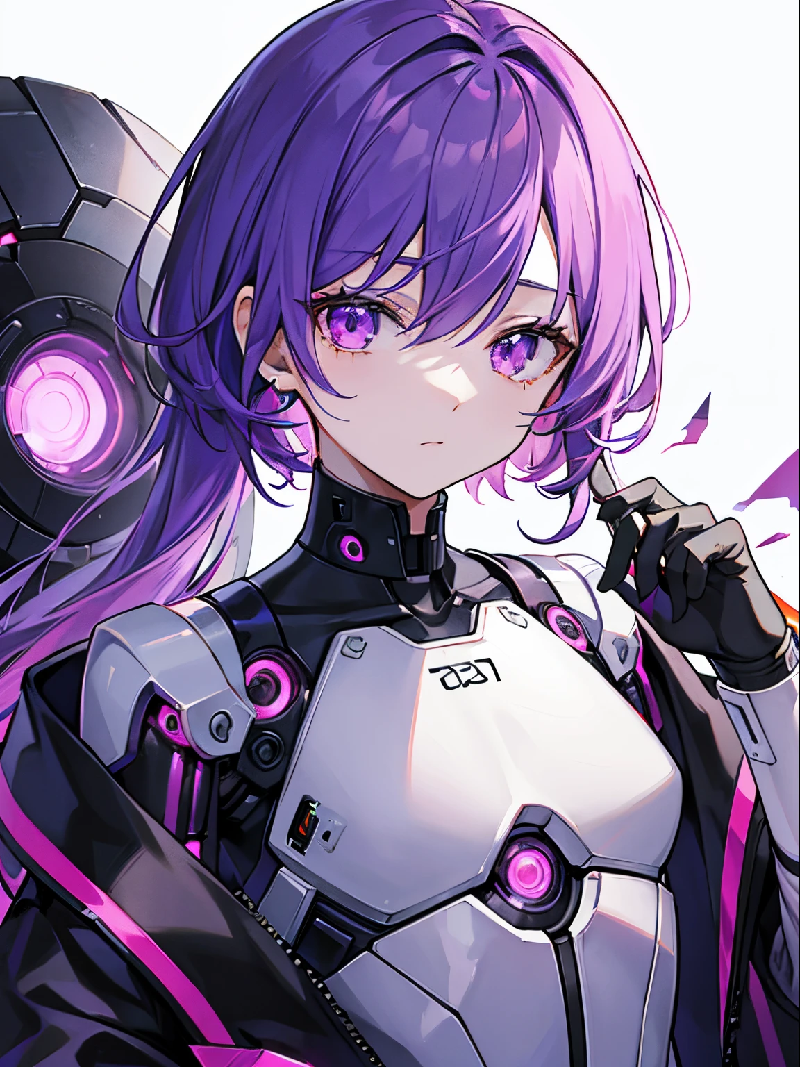 An injured android whose clothes are slightly torn.、male in his 20s、The whole body is made of machines、purple color  hair、Pink eyes、dark backgrounds
