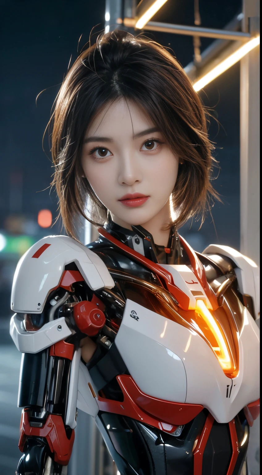 (1 Mechanical Girl)、top-quality、​masterpiece、超A high resolution、(Photorealsitic:1.4)、Raw photo、女の子1人、Golden hair、glowy skin、(((1 Mechanical Girl)))、（LED Lamp Mechanical Helmet）、(Small LED)、((super realistic details))、portlate、globalillumination、Shadow、octan render、8K、ultrasharp、Colossal 、Raw skin is exposed in cleavage、metals、Details of complex ornaments、Japan details、highly intricate detail、Realistic light、CGSoation Trends、Red Eyes、radiant eyes、Facing the camera、neon detailechanical limbs)、(blood vessels connected to tubeechanical vertebrae attached to the back、mechanical cervical attaching to neck、(Wires and cables connecting to the head)、Gundam、Small LED、,Mechanical thighs、Toostock、