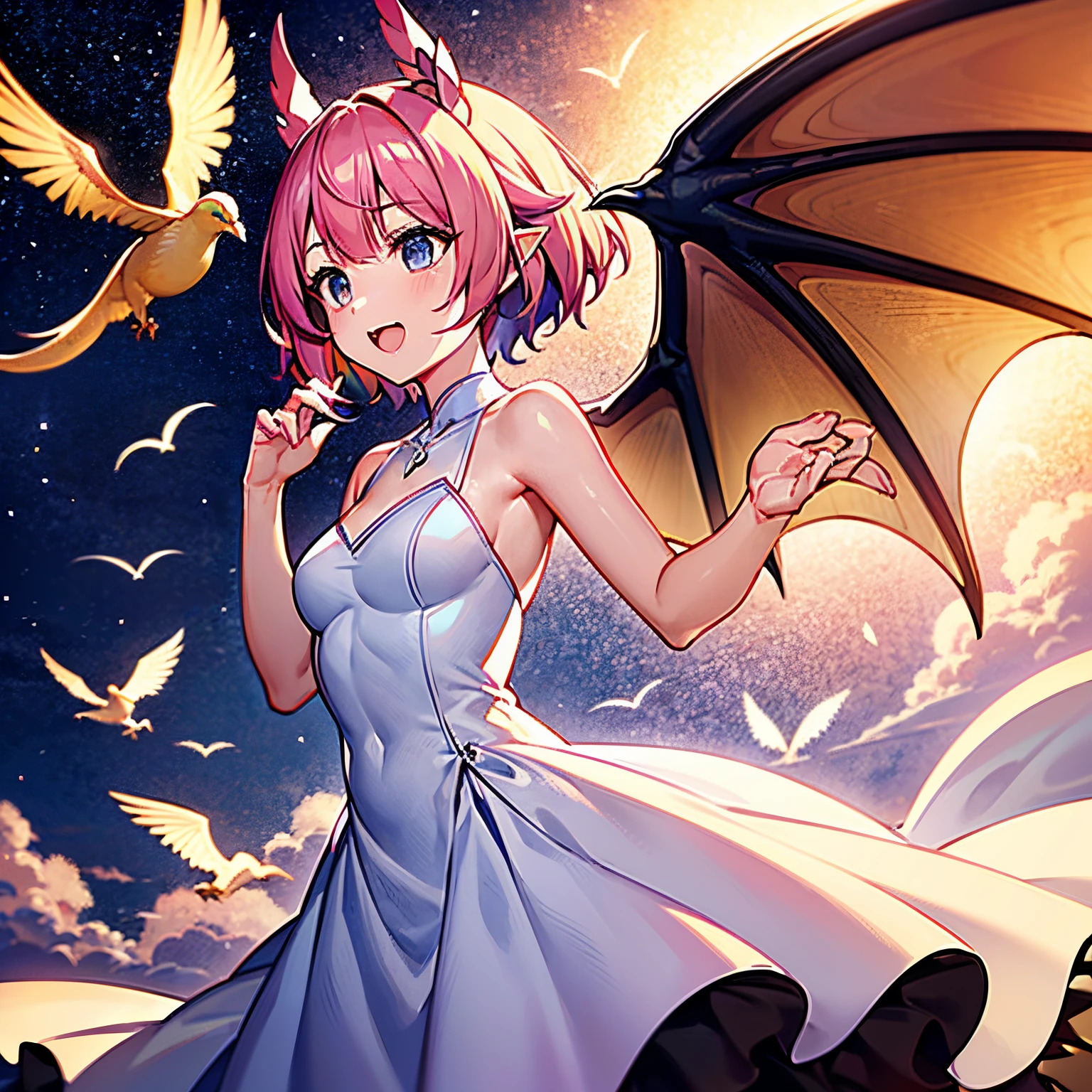 Dragon Girl　kawaii faces　Symmetrical Dragon Horn　symmetrical dragon wings　　weddingdress　Dragon's tail　short-hair　Flying in the sky　there are a lot of birds　pose with wings spread