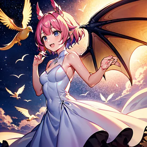 dragon girl　kawaii faces　symmetrical dragon horn　symmetrical dragon wings　　weddingdress　dragon's tail　short-hair　flying in the s...