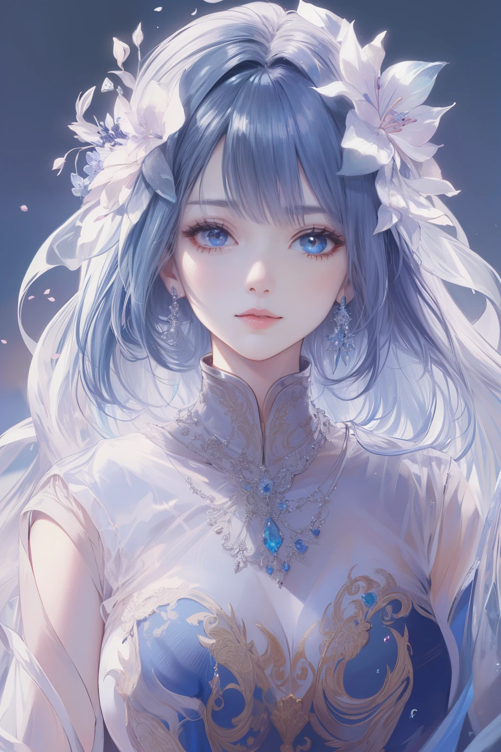 tmasterpiece，Highest resolution，((((diamond))))，Noble beauty dynamic avatar，Blue hair elegantly tied up，，jewely，adiamondnecklace，（((wearing a huge cloak)))，Purple clear eyes，(((Hair covered with beautiful and delicate flower arrangements, crystal jewelry filigree)))，Ultra-detailed details。