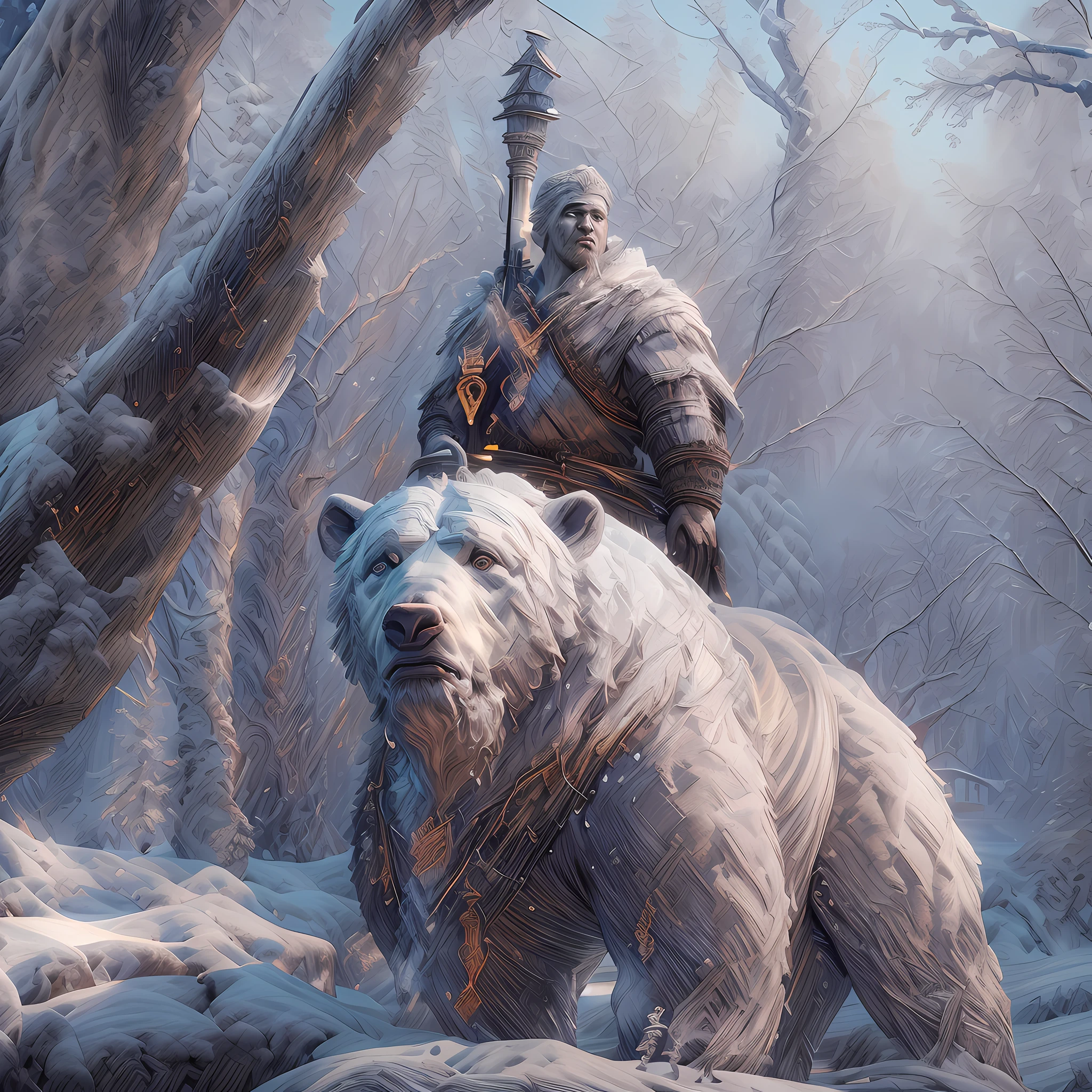 high details, best quality, 8k, [ultra detailed], masterpiece, best quality, (extremely detailed), dynamic angle, ultra wide shot, RAW, photorealistic, fantasy art, dnd art, rpg art, realistic art, a wide angle picture of a male human druid (intricate details, Masterpiece, best quality: 1.5) and his epic pet white bear, priest of nature, cleric of nature, dnd druid, full body, [[anatomically correct]], dynamic position (1.5 intricate details, Masterpiece, best quality) talking to a white bear, polar bear ((intricate details, Masterpiece, best quality: 1.6) in arctic tundra, trees with snows, half frozen river, snow(intricate details, Masterpiece, best quality: 1.5), a male wearing fur clothes (1.4 intricate details, Masterpiece, best quality), armed with a glowing (quarterstaff: 1.3) gl0w1ngR,  Ultra Detailed Face (intricate details, Masterpiece, best quality: 1.5), fur boots, thick hair, long hair, blond hair, pale skin intense fair eyes, arctic background (intense details), dynamic light, dynamic angle, (intricate details, Masterpiece, best quality: 1.5) high details, best quality, highres, ultra wide angle