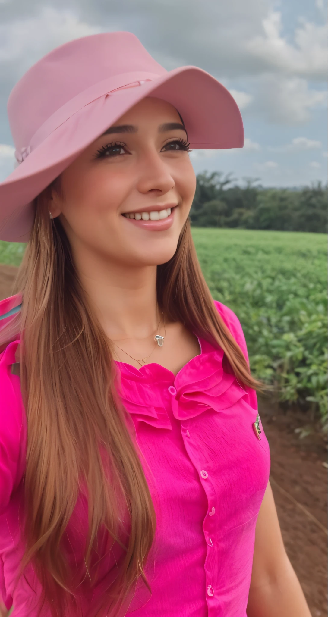 A close up of a woman wearing a pink hat in a field - SeaArt AI